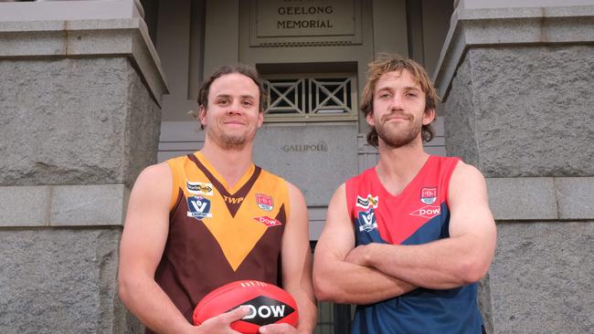 Captains from six local footy clubs will meet at Johnstone Park to promote the three local footy matches to be played on Sunday, Anzac Day. BFL. Mitch McGuire (Drysdale) and Will Foott (Portarlington) Picture: Mark Wilson