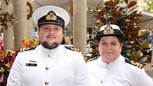 Ayden Stephensen and Julie Manny at the Surfers Paradise RSL Anzac Day noon service 2025 at Cavill Park for Gold Coast at Large. Picture, Portia Large.