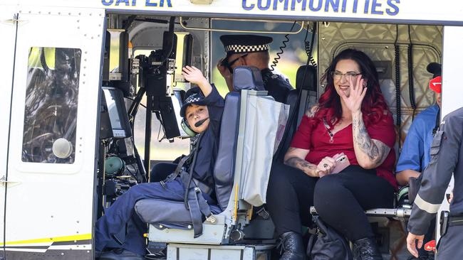 Sam Scully Sam Scully and the Police Commissioner and mum Alison Harrison arrive via POLAIR to Adelaide Oval No2 Picture: Russell Millard