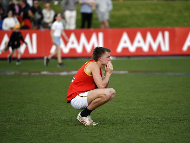 SFNL: Bendigo Bank Division 1 Senior, Grand Final: Cheltenham Seniors vs Dingley Seniors at RSEA Park, Moorabbin, Victoria, Sunday 22nd September 2024.  Devastated Dingley player Caleb Lewis after the siren. Picture: Andrew Batsch