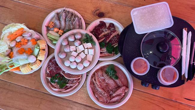 Customers have two delicious menu options to choose from at Hervey Bay Hot Pot. The broth is cooked in the middle of the hot pot, while the vegetables and meat are cooked on the outside ring.