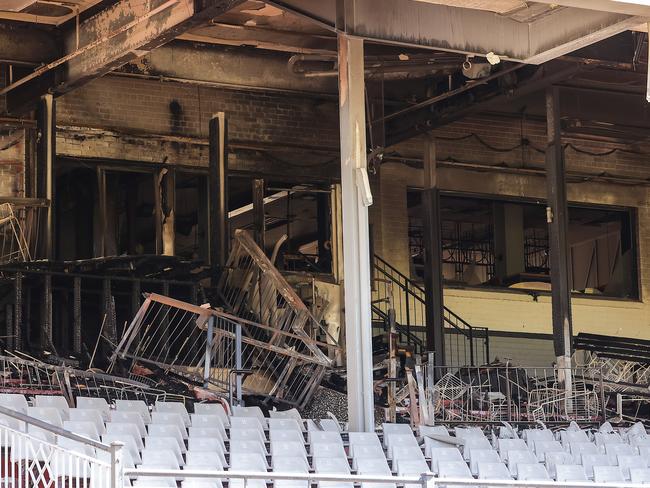 Damage is clearly visible inside the Norman Robinson Grandstand at Caulfield Racecourse where a suspicious fire started after 6am this morning.Picture: Ian Currie