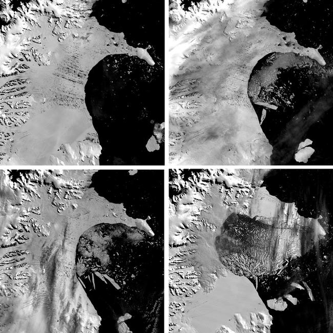 Satellite images show the shattering of Larsen B Ice Shelf, from January 31 2002 (top left) to March 5 2002 (bottom right).