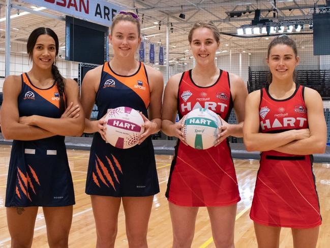 Firebird training partners Hulita Veve and Reilley Batcheldor took to the court for QUT netball and Mia Stower and Macy Gardner played for the Cougars in the Sapphires Series. Picture: Netball Queensland