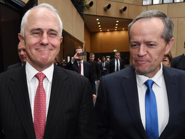 Australian Prime Minister Malcolm Turnbull and Leader of the Opposition Bill Shorten leave an RSL Centenary gathering in Melbourne, Monday, June 6, 2016. The RSL has called for bipartisan support for a plan to re-establish a national centre for military and veteran health. (AAP Image/Mick Tsikas) NO ARCHIVING