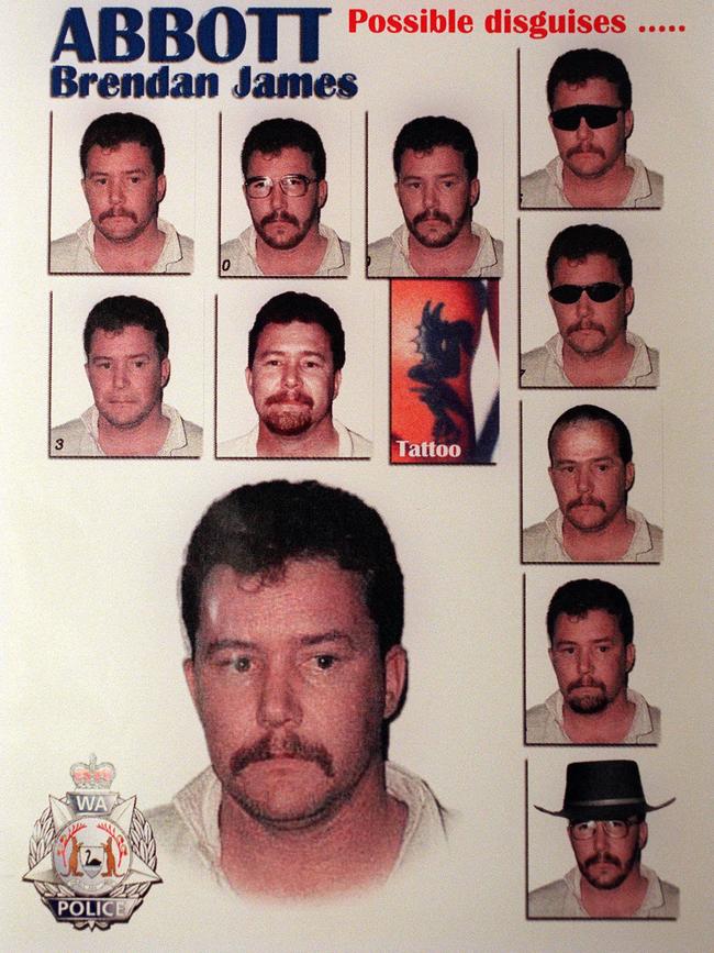 A WA police poster depicting Abbott in an array of possible disguises. Picture: WA Police