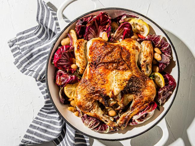 EMBARGO FOR TWAM 13 MAY 2023. FEE MAY APPLY. Roast chook on can of butter beans, naked citrus with lemon tart recipe by Elizabeth Hewson. TWAM exclusive. Photo: Nikki To