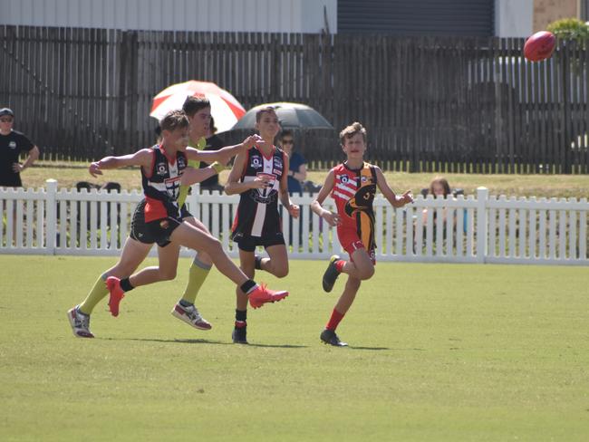 Cohen Firth in the North Mackay Saints v Mackay Swarks u14 AFL grand final at Magpies Sporting Club, Mackay, September 11, 2021. Picture: Matthew Forrest