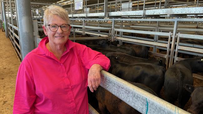 Vendor Ann Walsh from Mitta Mitta, with some of her draft of Angus weaners sold on day two at Wodonga, where the tops from her draft made $1240 (403kg, 308c/kg).