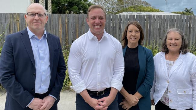 Steven Miles, standing with the candidates for Mirani, Mackay and Whitsunday, promised a planning study into a potential solution to congestion on the Mackay-Bucasia Rd. Photo: Fergus Gregg