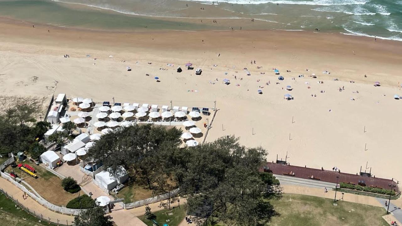 Aerial of the Beach Bar at Kurrawa on the Gold Coast, and the boardwalk or terrace to the right.