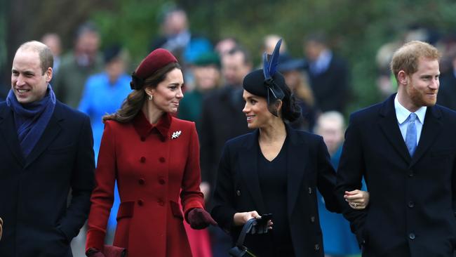 Prince William, Duke of Cambridge, Catherine, Duchess of Cambridge, Meghan, Duchess of Sussex and Prince Harry, Duke of Sussex arrive to attend Christmas Day Church service in 2018. Picture: Stephen Pond/Getty Images