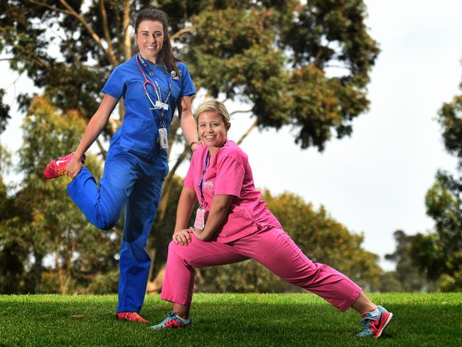 Royal Children Hospital nurses, Nicole Gleeson and Elise Baines who will be participating in Run for the Kids. Picture: Tony Gough