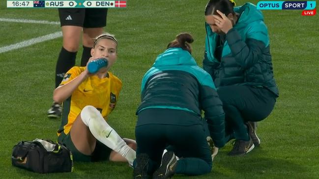 Steph Catley needed a moment to recover. Photo: Optus Sport.