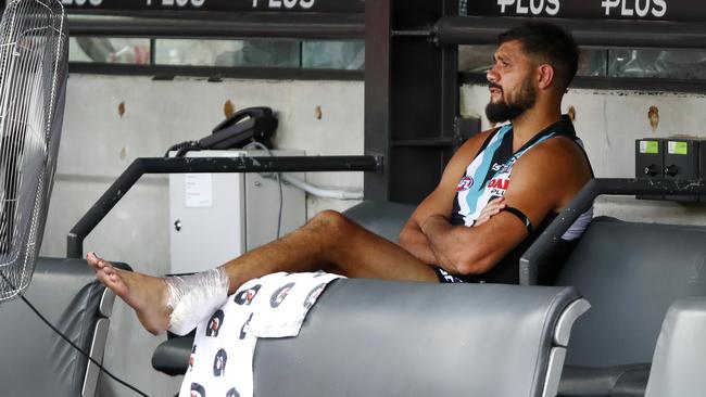 Paddy Ryder iced up on the bench. Picture: Sarah Reed