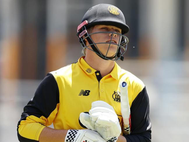 PERTH, AUSTRALIA - OCTOBER 25: Cooper Connolly of Western Australia  leaves the field after being dismissed during the ODC match between Western Australia and Tasmania at WACA Ground, on October 25, 2024, in Perth, Australia. (Photo by Will Russell/Getty Images)