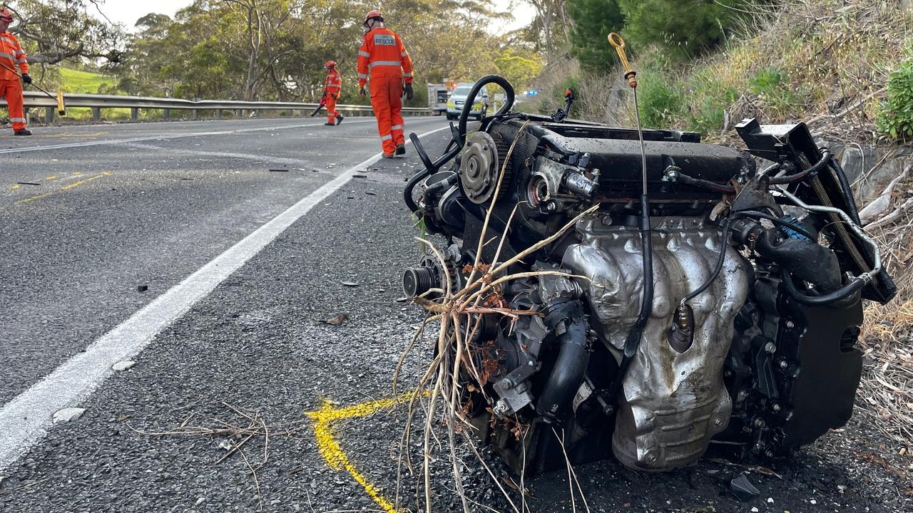 The crash caused the Holden’s engine to detach. Picture: Gary Juleff