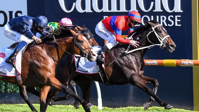 Mark Zahra rode Verry Elleegant to victory in the Caulfield Cup. Picture: Getty Images