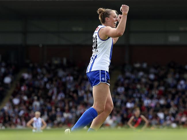 Emma King celebrates a goal against the Bombers. Picture: Martin Keep/AFL Photos/via Getty Images.