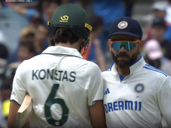 Debutant Sam Konstas and India’s captain Virat Kohli clash during the boxing day test. Picture: Kayo