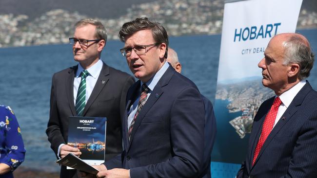 Federal Cities Minister Alan Tudge (centre) at the Hobart City Deal implementation plan launch. Picture: NIKKI DAVIS-JONES