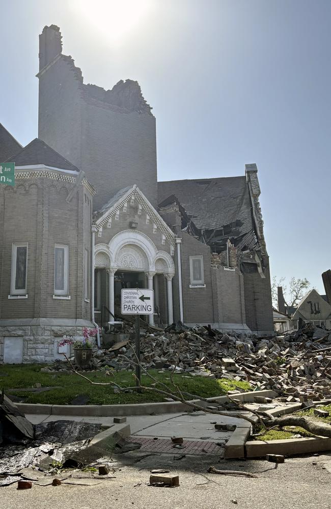 Part of Centennial Christian Church in St. Louis, Missouri. St. Louis experienced significant destruction, with 38 injuries reported and numerous buildings damaged. Picture: AP Photo/Michael Phillis