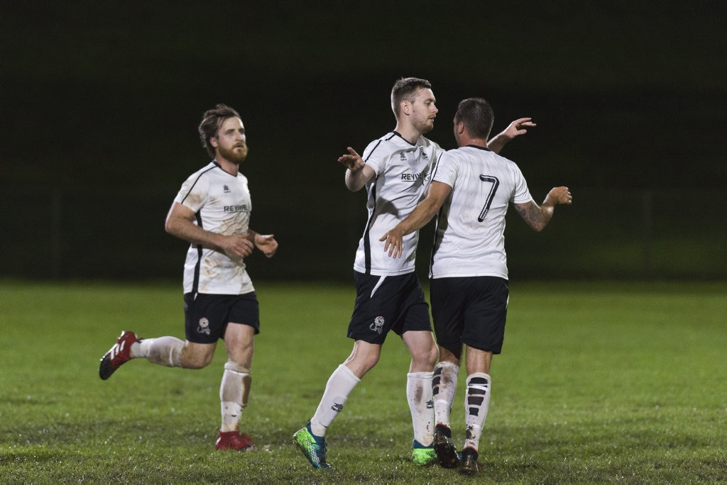 Willowburn celebrate a penalty taken by Brayden Trupp (centre) against Willowburn White in Toowoomba Football League Premier Men round five at Commonwealth Oval, Saturday, March 30, 2019. Picture: Kevin Farmer