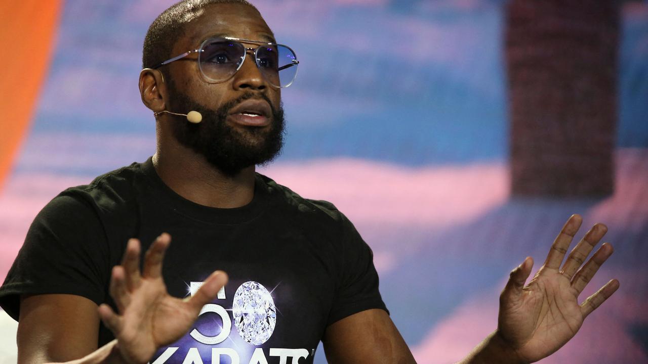 Former world welterweight king Floyd Mayweather speaks on stage during the Bitcoin 2021 Convention. Picture: Marco Bello/AFP