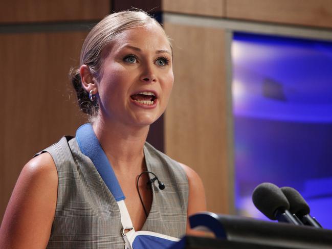 Grace Tame addresses the media at the National Press Club. Picture: Getty