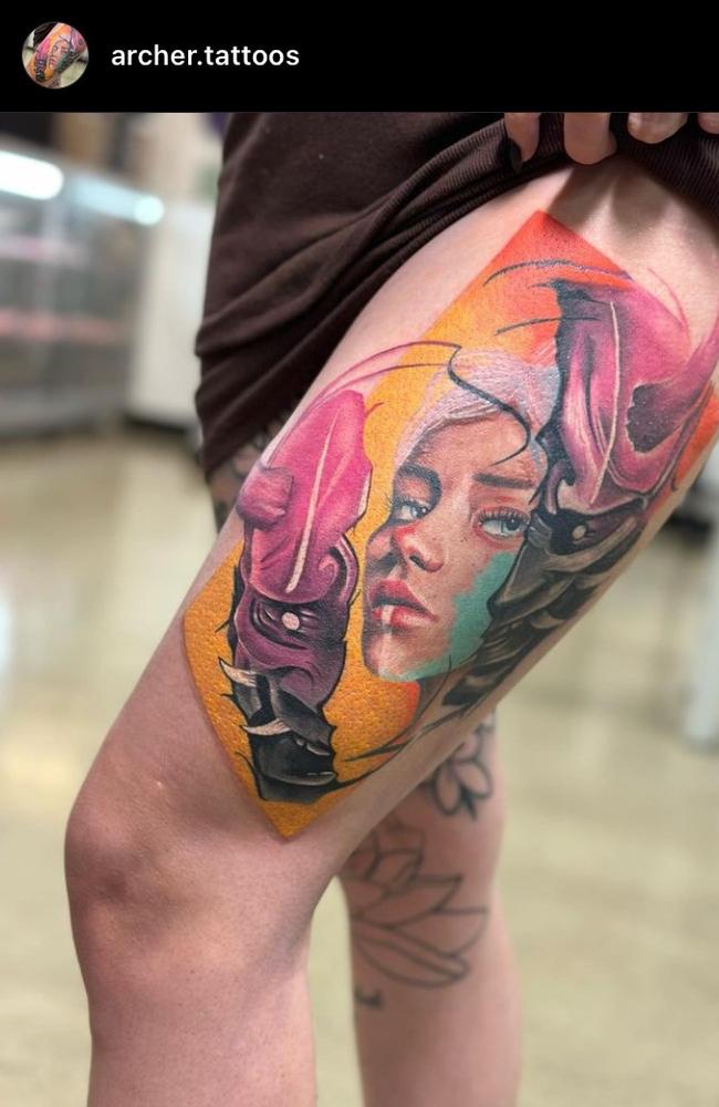 One of Josh Archer's artworks on his partner’s thigh. Picture: (supplied)