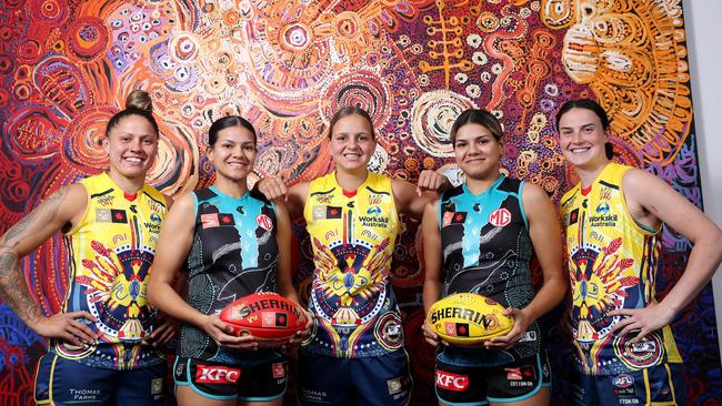 Crows and Power AFLW players Stevie-Lee Thompsom, Laquoiya Cockatoo-Motlap, Danielle Ponter, Litonya Cockatoo-Motlap and Eloise Jones during the 2022 Indigenous Round launch. Picture: Sarah Reed/AFL Photos