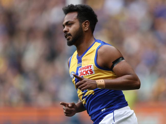 MELBOURNE, AUSTRALIA - AUGUST 18: Willie Rioli of the Eagles celebrates after scoring a goal during the round 22 AFL match between the Richmond Tigers and the West Coast Eagles at the Melbourne Cricket Ground on August 18, 2019 in Melbourne, Australia. (Photo by Robert Cianflone/Getty Images)