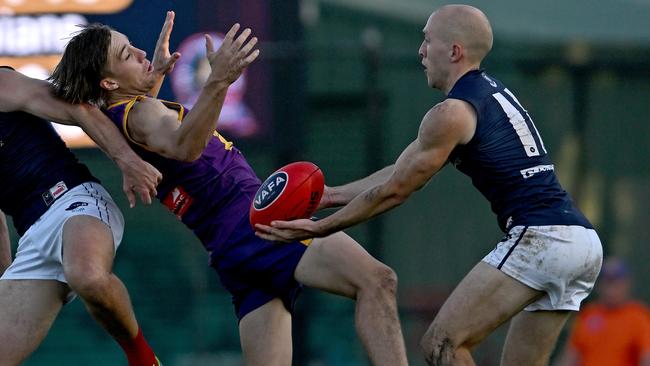 VAFA: Collegians’ Edward Greene and Hunter Watkin of Old Melburnians. Picture: Andy Brownbill