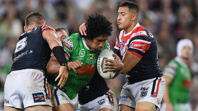 Sio Siua Taukeiaho (R) won two premierships with the Roosters before joining Catalans. Picture: AAP/Dean Lewins