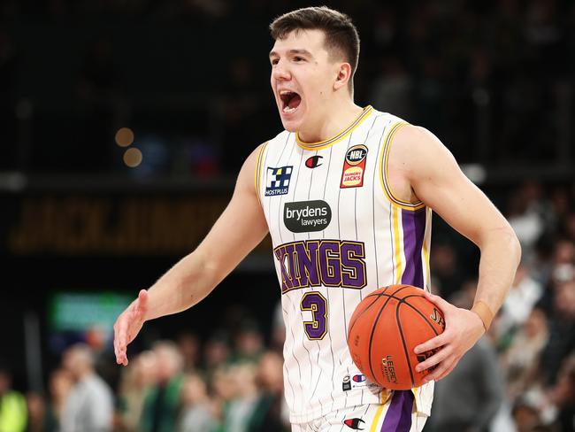 HOBART, AUSTRALIA - MAY 08: Dejan Vasiljevic of the Kings celebrates winning game two of the NBL Grand Final series between Tasmania JackJumpers and Sydney Kings at MyState Bank Arena on May 08, 2022 in Hobart, Australia. (Photo by Mike Owen/Getty Images)