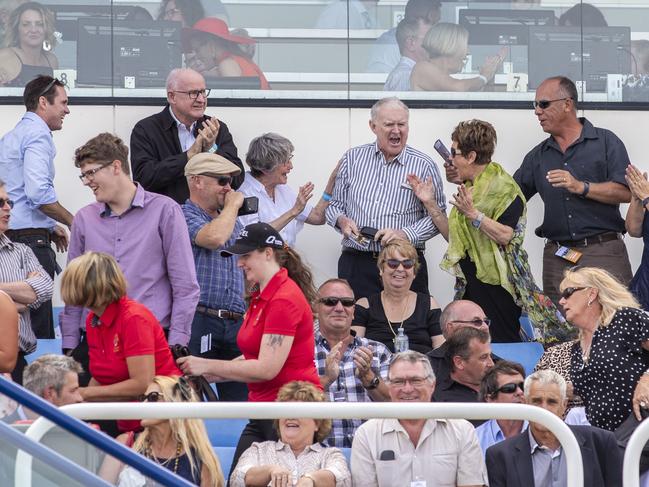 Connections of Kisukano celebrates after its victory in race 5, the AQUIS QTIS Jewel 2 Year-Old, during the QTIS Jewel Raceday at Aquis Park on the Gold Coast, Saturday, March 14, 2020. (AAP Image/Glenn Hunt)