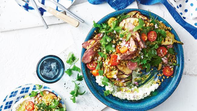 This cumin-spiced lamb, eggplant and freekeh salad is fast and filling