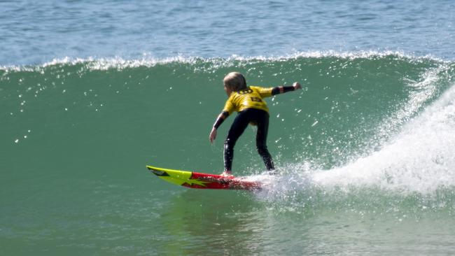 Byron Bay surfer Leihani Kaloha Zoric claimed her second title in as many days, taking out the Under-10 Girls division of the Woolworths Surfer Groms Competition at Coffs Harbour. Photo: Ethan Smith (Surfing NSW)