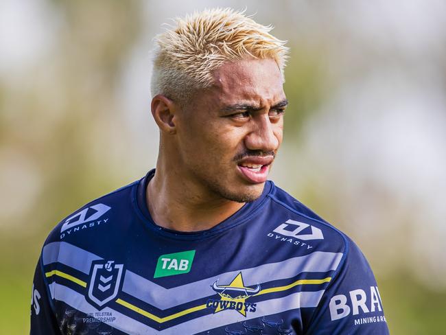 North Queensland Cowboys winger Murray Taulagi trains with his new look haircut during the 2024 NRL pre-season. Picture: Alix Sweeney / Cowboys Media