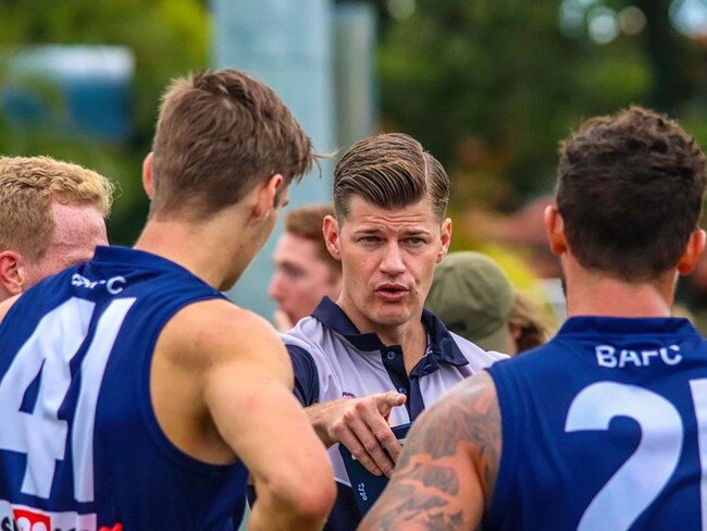 Broadbeach Cats QAFL coach Beau Zorko addresses the players. Picture credit: Travis Johnson.