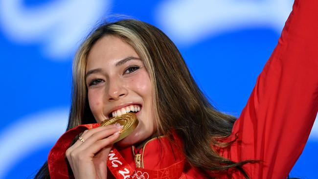 Eileen Gu celebrates her gold medal in the women’s freeski big air. Picture: AFP