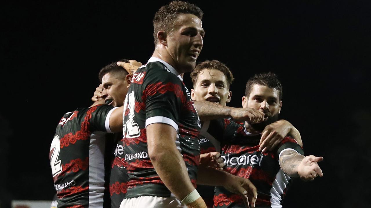 The Rabbitohs celebrate a try to Dane Gagai in their victory over the Panthers. 