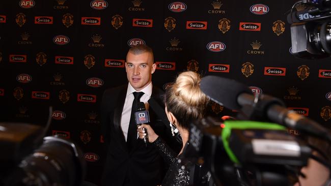 Dustin Martin speaking to media on his arrival at the Brownlow Medal count. Picture: Jason Edwards