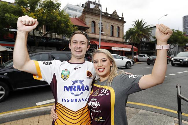 Chase Day and Charmaine Heathcote pictured at the Broncos v Rabbitohs, round 1, on Caxton Street, Brisbane 11th of March 2022. This is the first game for the BroncosÃ• season.