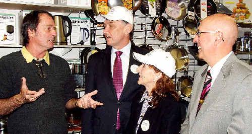 Alex Smith (left), owner of Abellissimo kitchen shop in Ballina, chats with (from left) Federal Small Business Minister Craig Emerson, Page MP Janelle Saffin and Ballina Chamber of Commerce chairman Glenn Costello. . Picture: Rebecca Lollback