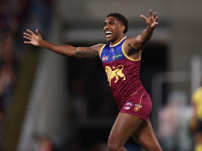 BRISBANE, AUSTRALIA - September 23, 2023. AFL .   Keidean Coleman of the Lions celebrates as the final siren sounds during the 2nd preliminary final between the Brisbane Lions and the Carlton at the Gabba in Brisbane, Australia..   Photo by Michael Klein.