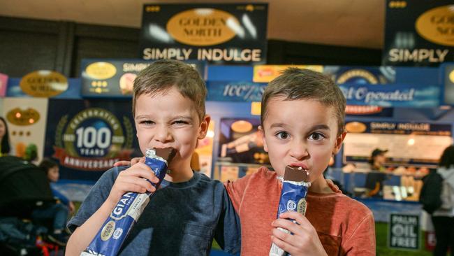 Five year old twins Korban and Zayt Mutton from Rostrevor enjoy Giant Twins with mum Samantha at the Royal Show. Picture: Brenton Edwards