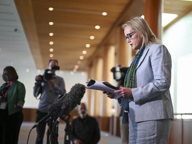 Bullying claims... Richard Marles' chief of staff, Jo Tarnawsky holds a press conference at Parliament House in Canberra. Picture: NewsWire / Martin Ollman