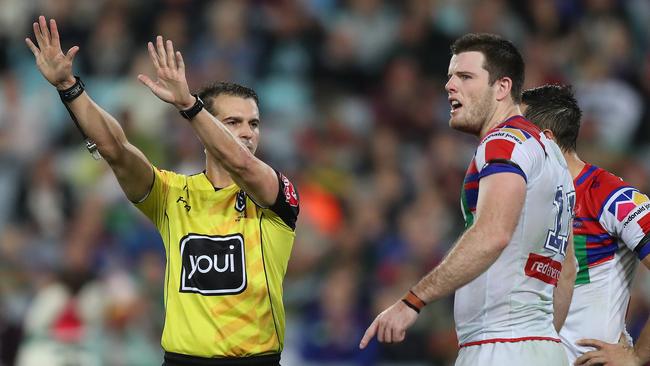 Newcastle's Lachlan Fitzgibbon is sent to the sin bin. Picture: Brett Costello