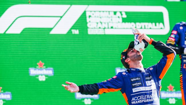 Daniel Ricciardo executing a shoey after winning at the Monza Grand Prix last year. Picture: Peter Fox/Getty Images